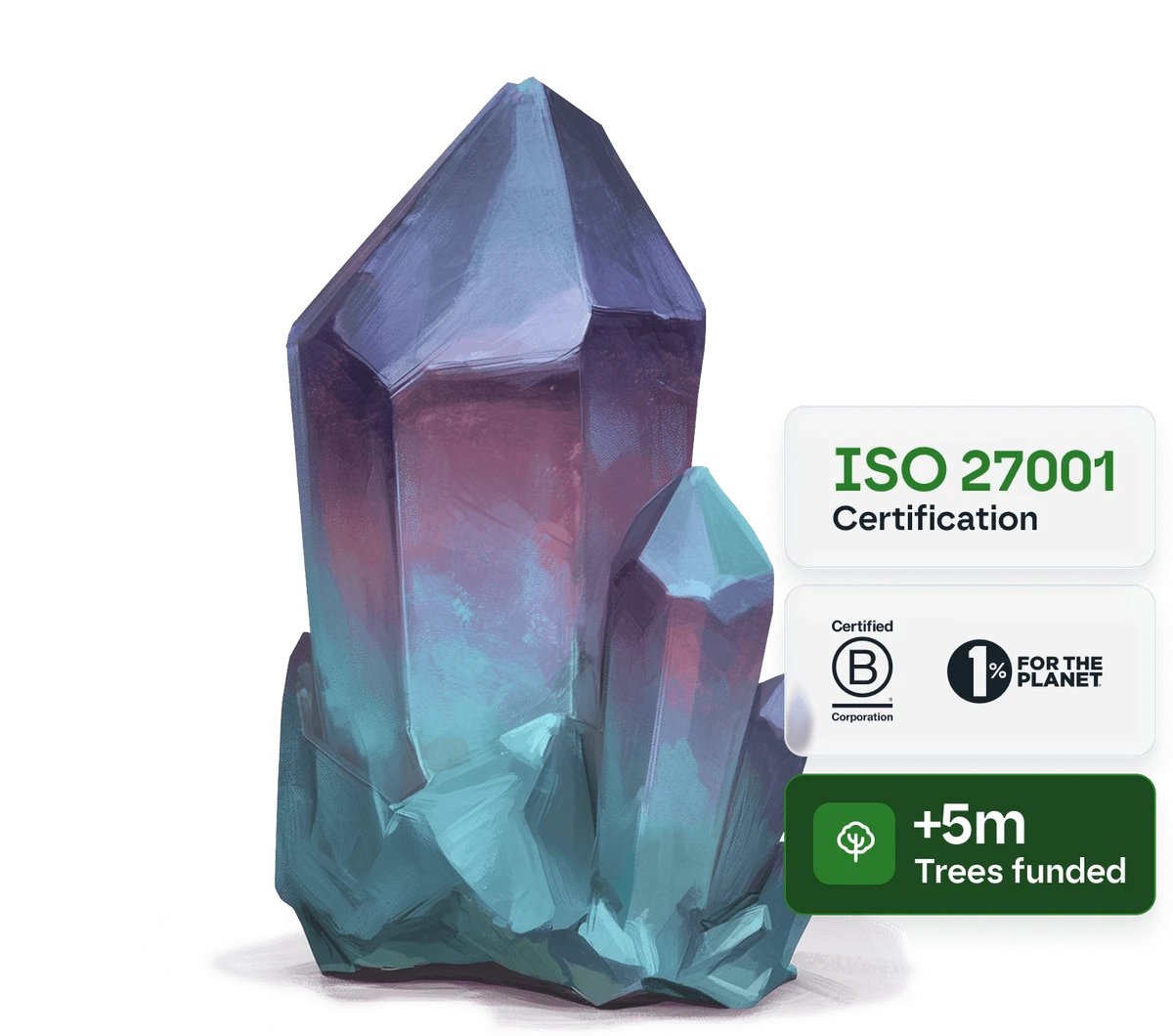 Illustrated teal crystal gem surrounded by trust badges: ISO 27001 Certification, Certified B Corporation, 1% for the Planet, and over 5 million trees funded