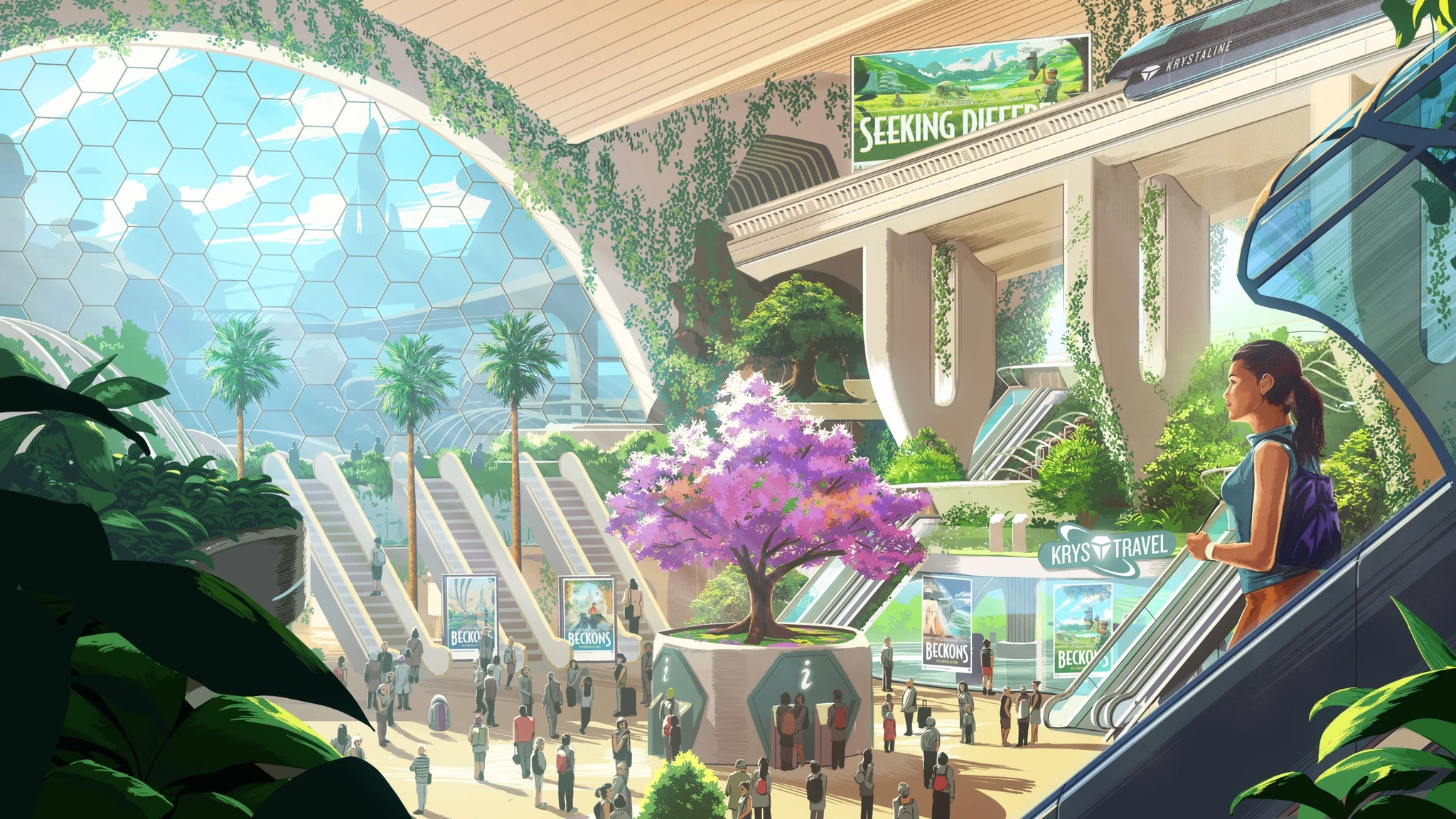 An illustration of a cartoon station that has a large cherry blossom tree in the middle of several escalators.